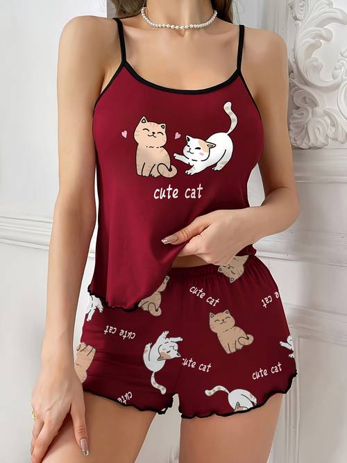 conjunto de pijama de mujer con estampado de gato lindo - y negro, ropa de dormir casual con pantalones cortos fruncidos, comodidad para , ropa de dormir para | estampado | top de tirantes de , pijama de gato