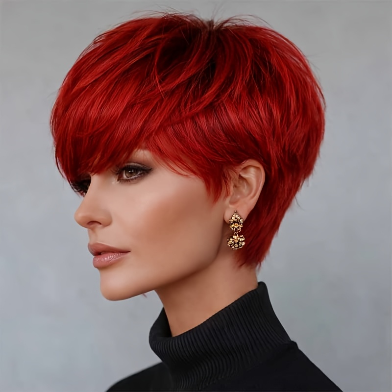 This Glueless Cut Wig From A Net Cap, Showcasing A Short Red Straight Bob Style With Bangs And A Density Of 150%