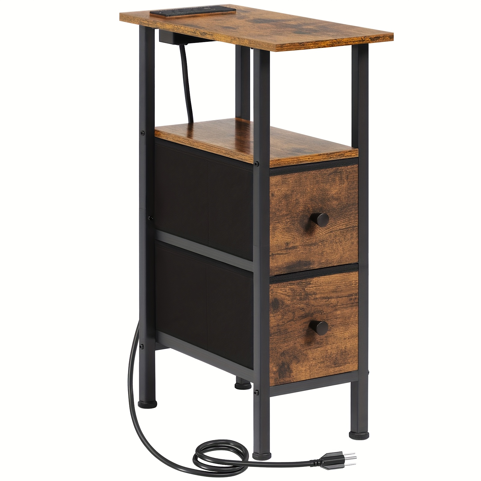 TEMU Table d'appoint étroite 1/2 pièces pour salon avec station de charge, table de chevet LED mince avec 2/3 tiroirs en tissu, table d'appoint fine