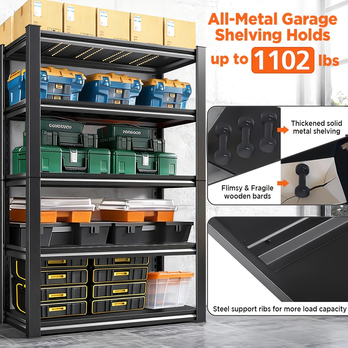E-shop Metall für Garagenregal, Schwerlast 5-stöckiges verstellbares Lagerregal, Regale, 1102 lbs Kapazität, Industrieregale für schwere Werkzeuge und