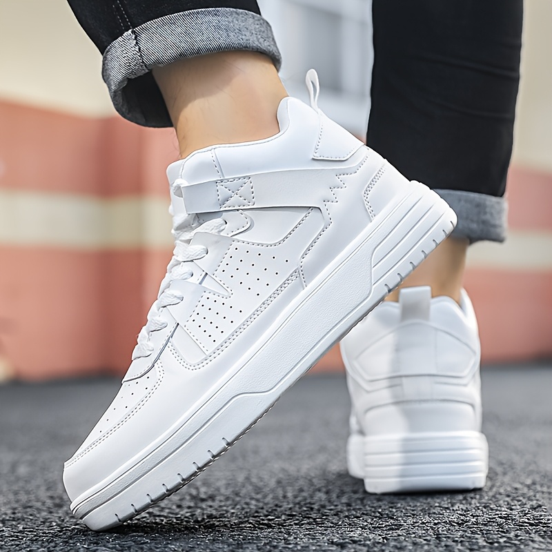 Men's High-Top Lace-Up Sneakers - Durable, Lightweight, Fashionable Casual & Sport Shoes, White, PU Upper, MD Sole, EVA/Fabric Insole, Round Toe, Perfect for Hiking, Running & Casual Attire, Crossover Sneakers | Laceup Closure | Stylish Stitching