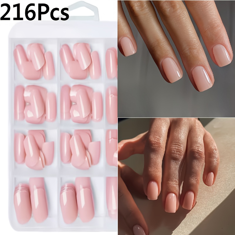 Image of 216 Pink Short Square Fake Nail Tips, Short Square False Nails, Artificial Nails, Thick Reusable Solid -on Nails For Women