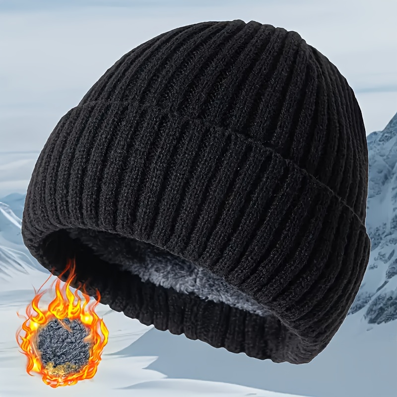 TEMU Men's Knit Beanie With Rolled Brim, Thickened Warm Lining, Fleece-lined Pullover Hat, Fashionable Men's Cap, Soft Hat Suitable For Cold Autumn