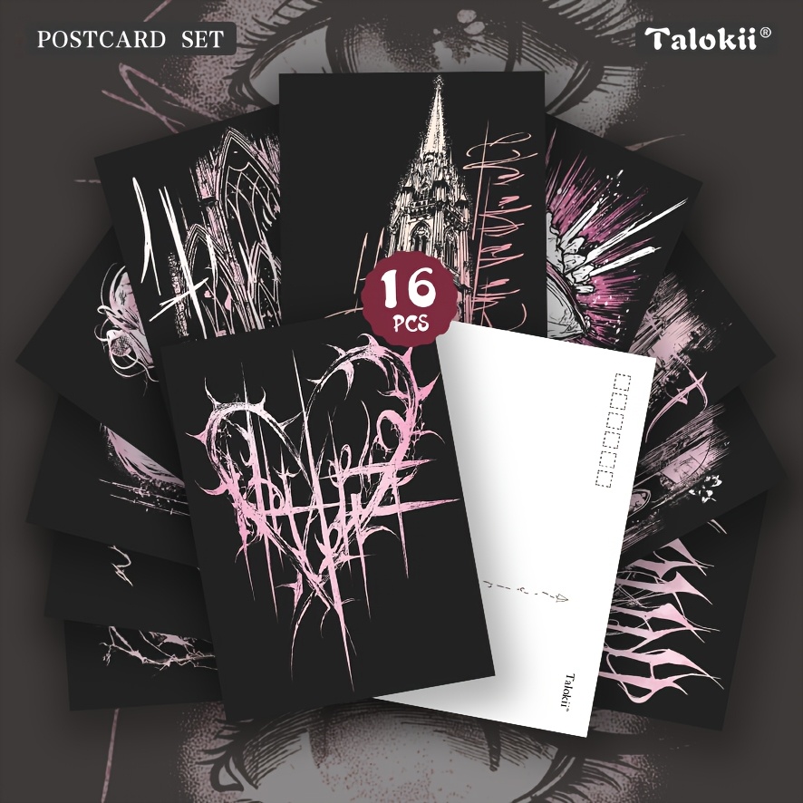 TEMU 16pcs Dark Punk Gothic Postcard Set, Distressed Sketch Art Print Cards With Thorn Pattern & Abstract Grunge Graffiti Designs, Suitable For