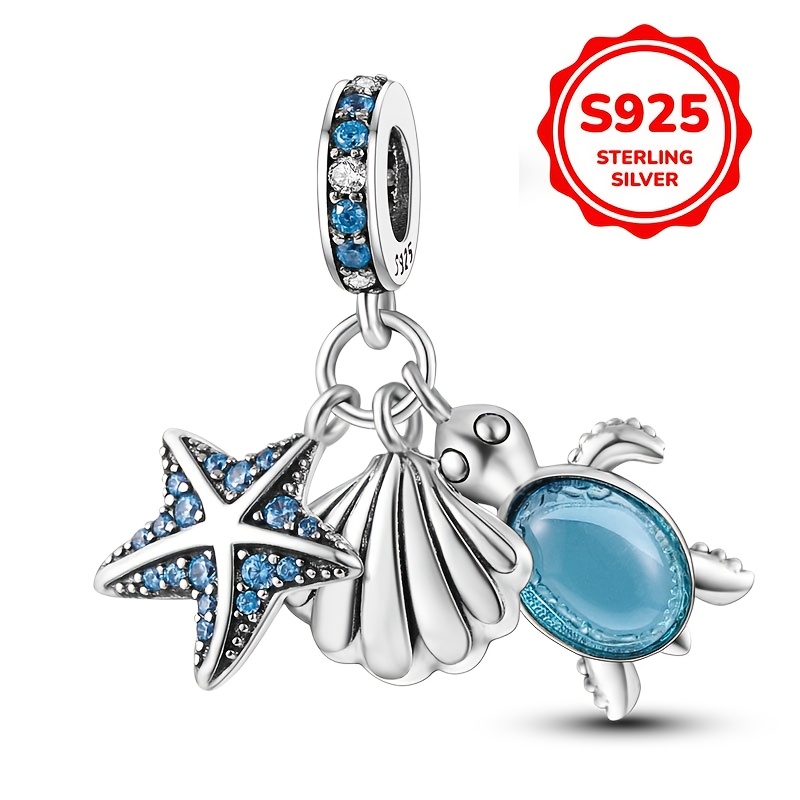 

Sterling Silver 925 Sea-inspired Charm, 3-in-1 , Starfish & Sea Turtle Pendant, 4g, Fits 3mm Bracelets, Luxury Women's Jewelry Gift, Wedding Accessory