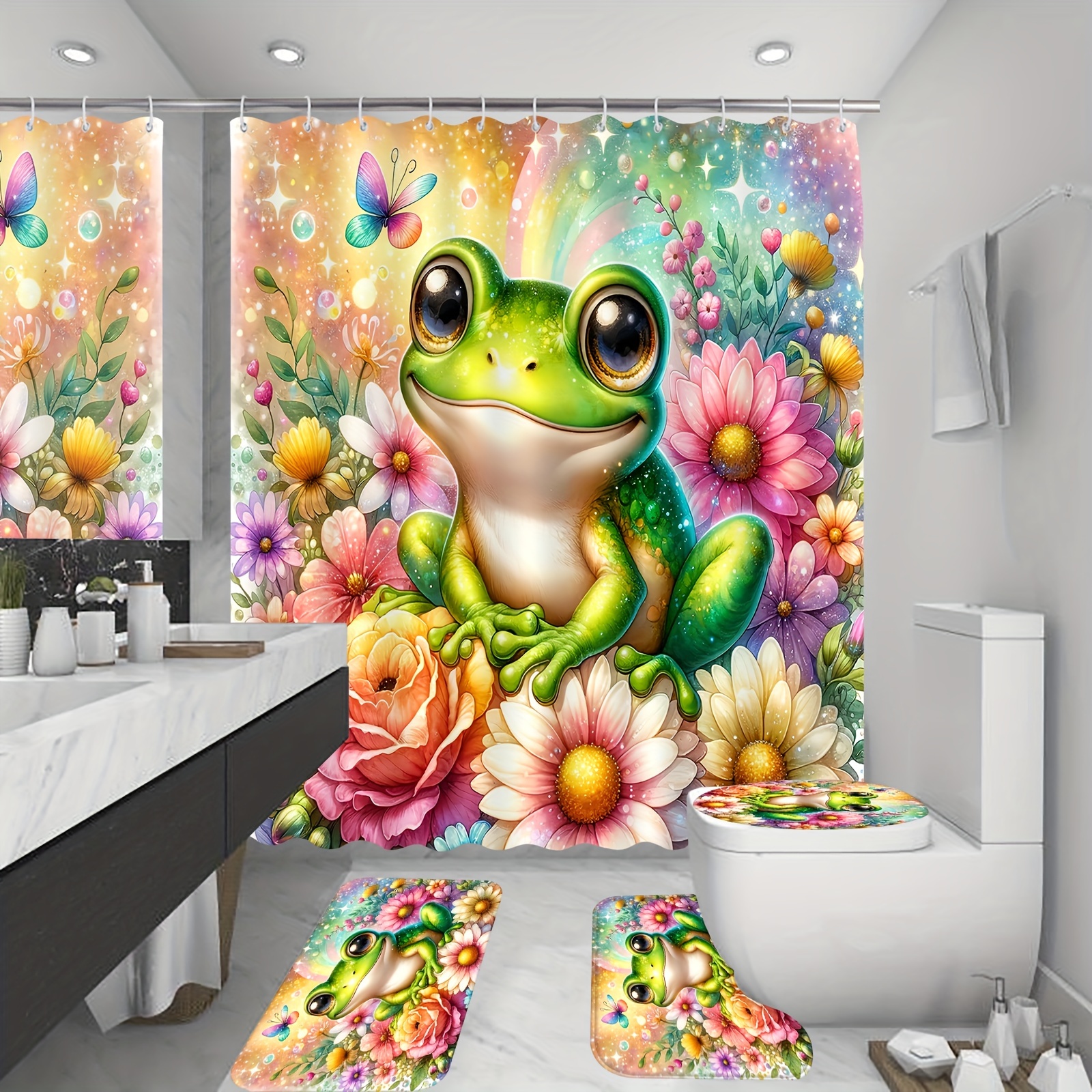 4PCS Mushroom Butterfly Flower Shower Curtain Set with Non-Slip outlet Rugs Toilet Lid