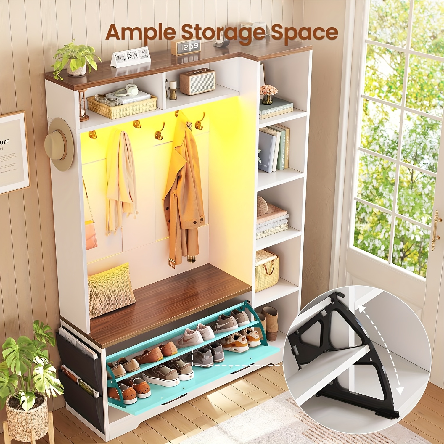Farmhouse Entryway Organizer with Bench & Shoe Cabinet - 7 Shelves, 10 Hooks, LED Lighting, USB-Powered, White Engineered Wood Storage for Hallway, Living Room, Bedroom - Easy Assembly, No Tools Needed, Entryway Storage, Rustic Charm, Durable Construction, Home Organization, Minimalist Design, Sturdy Construction, Home Decorators