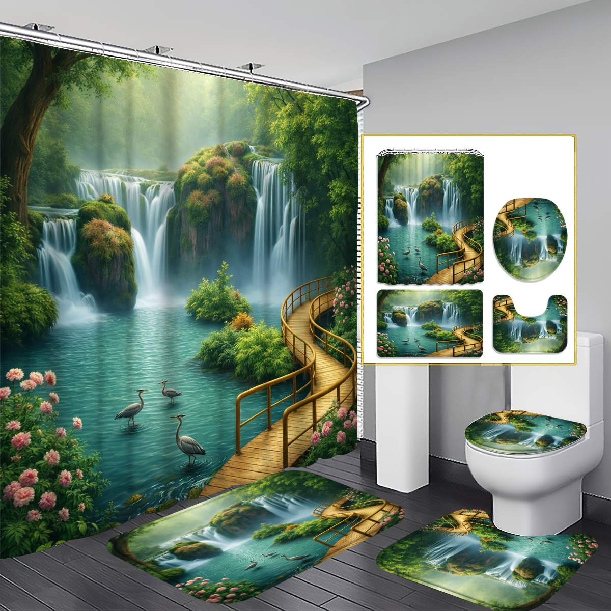 TEMU 2d Flat 4pcs Waterfall Shower Curtain Set, Green And Teal Nature Bathroom Decor, Accessories With Bath Mat, U-shaped Mat, Toilet Lid Cover, 12