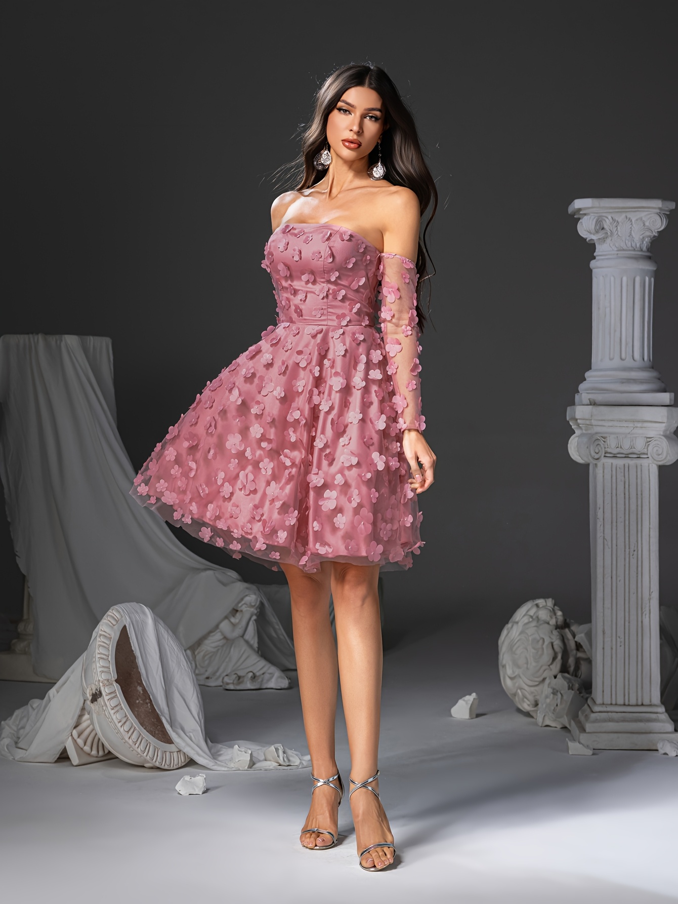 Classic Dinner Short Gown Shoulder Short Dress Full Body Three Dimensional  Floral Mesh Temu Poland