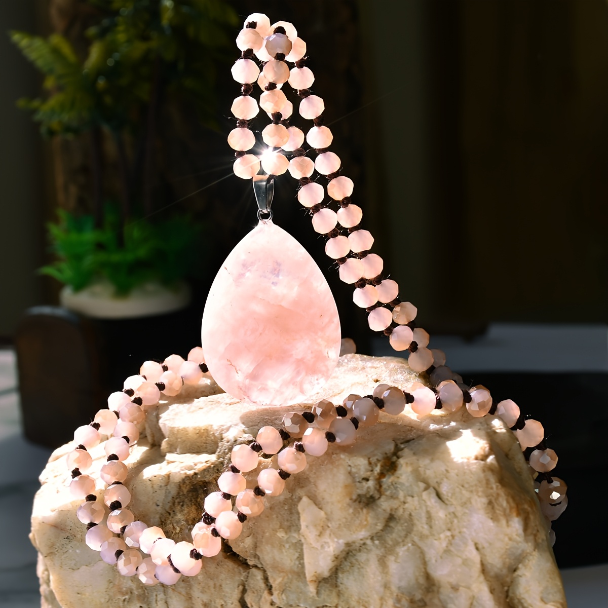 Pink Teardrop Stone Pendant Long Necklace