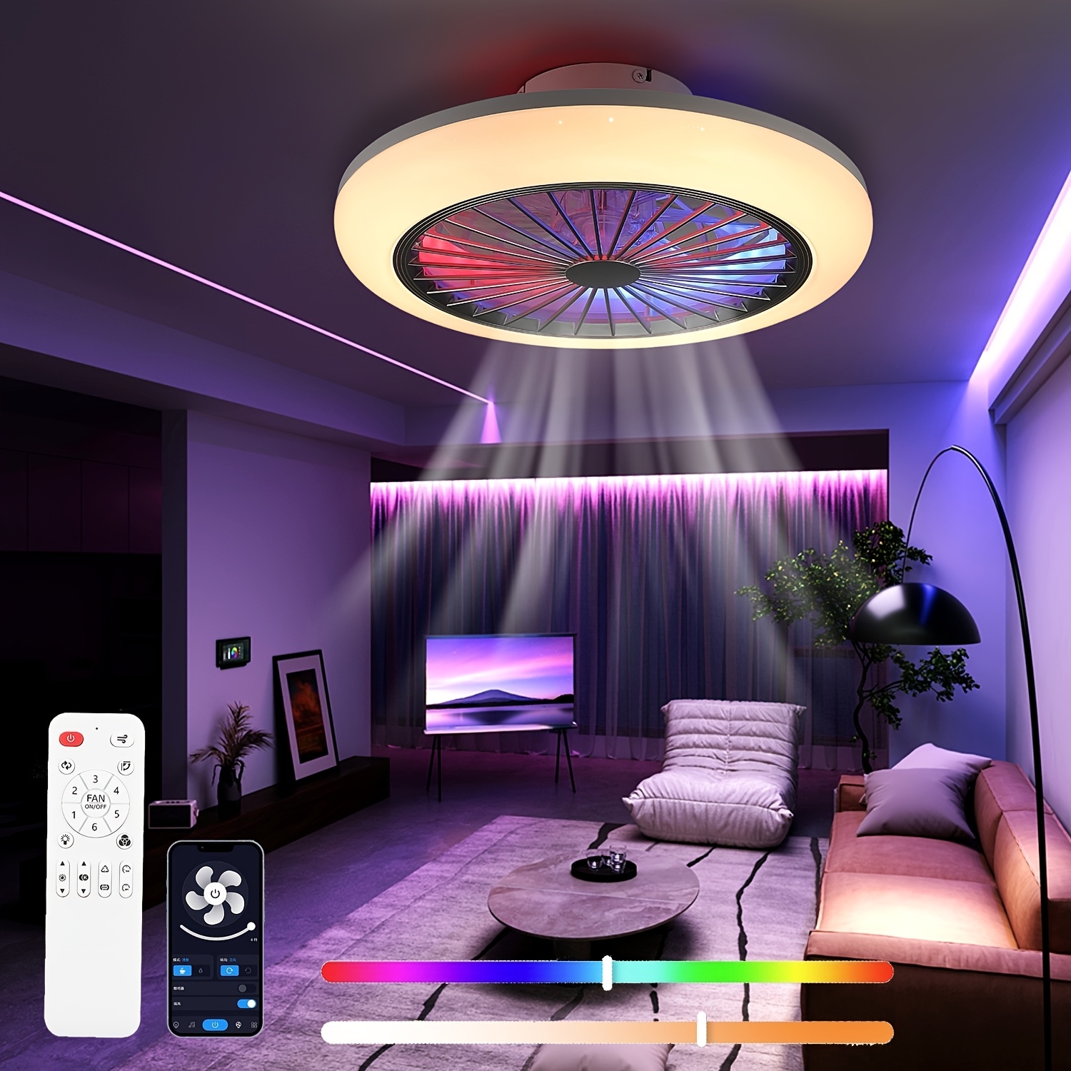 Modern Led Ceiling Fan With Fan, Rgb Fan Light, Six-speed Wind Speed, App Dimming, , Light Follows , With Wireless Speaker, 50 Watts, 45cm, Dual-use Function