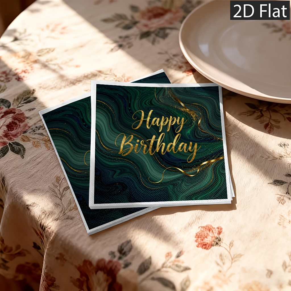 TEMU 2d Flat 20pcs Disposable Paper Napkins,2-ply For Extra Durabilitygreen Marble Texture With Golden Happy Birthday Lettering Perfect For
