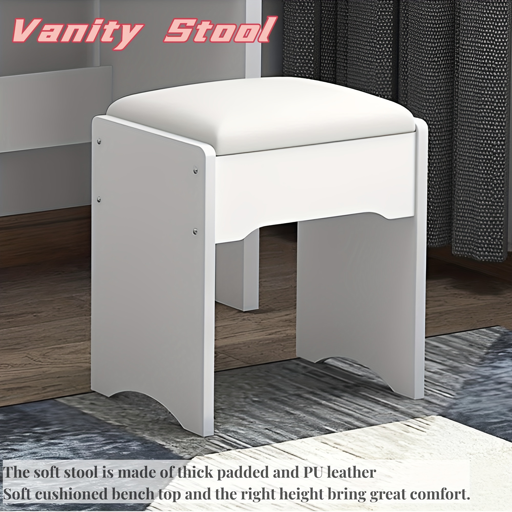 A Sophisticated White Vanity Set Featuring a Sliding Mirror And Stool, Equipped with Four Drawers, Perfect for Upscale Bedrooms in Compact Living Spaces