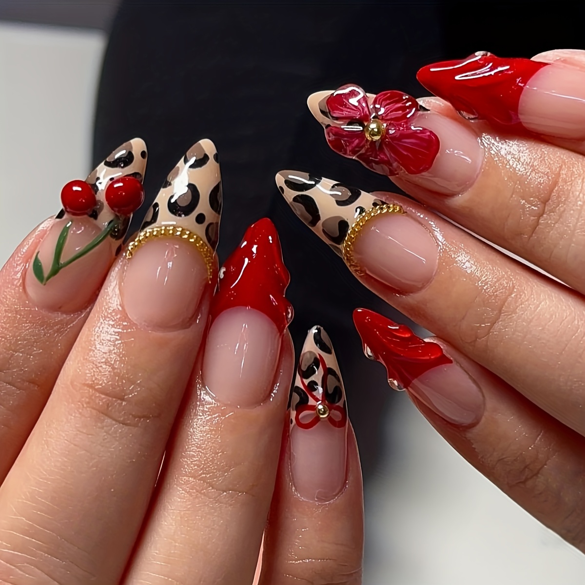 TEMU 24pcs Almond-shaped Press- Nails With Print French Tips & Cherry Bows - Full Coverage Medium Length False Nails Suitable For Women, & New Year Nail, Machine-made Glossy Resin Nails