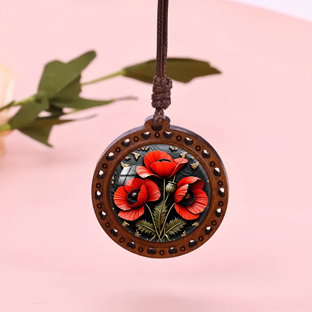 Poppy in Bloom Heart-Shaped Wooden Necklace, Cute Accessory