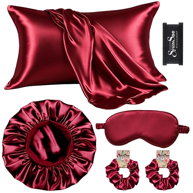 TEMU Sprinsoo 6pcs Satin Set - 1 Satin Pillowcase, 1 Hairs Bonnet, 1 Eye Mask, 2 Scrunchies, 1 Hair Sticker Clip, Shining Soft For Hair & Skin & Eye