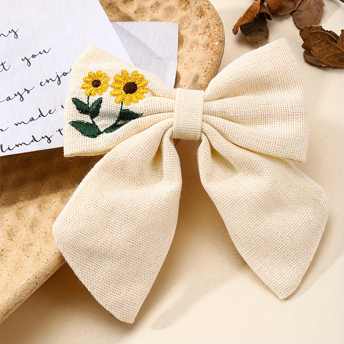Image of 1pc Elegant Sunflower Embroidery Hair Bow Clips For Floral Polyester Non- Fabric Hair Clips Perfect For Wear Versatile Hair Accessories For Teens