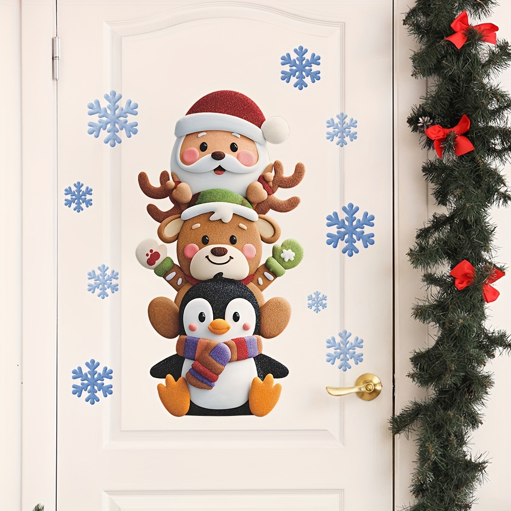 TEMU 2d Flat Christmas Santa Elk Penguin Wall Decals Frosted Snowflake Removable Waterproof Stickers For Glass Doors, Windows, Festive Home Decor,