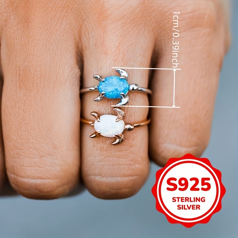 S925 Sterling Silvery Inlaid Synthetic Turquoise Turtle Ring