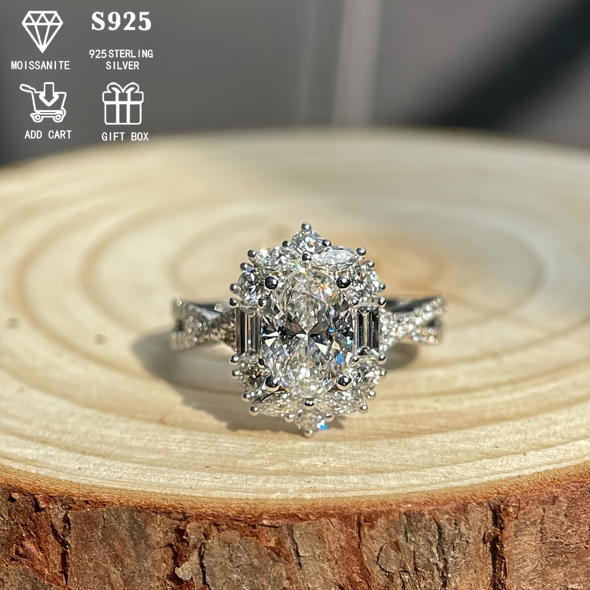 TEMU Bague de fiançailles en moissanite ovale de 2 carats, hypoallergénique, en argent sterling S925, style bohème avec motif croix ovoïde, parfaite