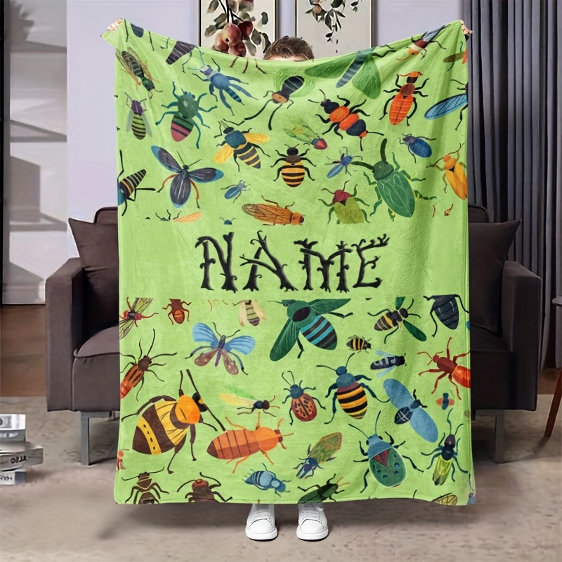 

Custom Name Insect Pattern Fleece Blanket - Cozy Polyester Throw With Vibrant Bee & Bug Design, Personalizable Text - For Couch Or Bed