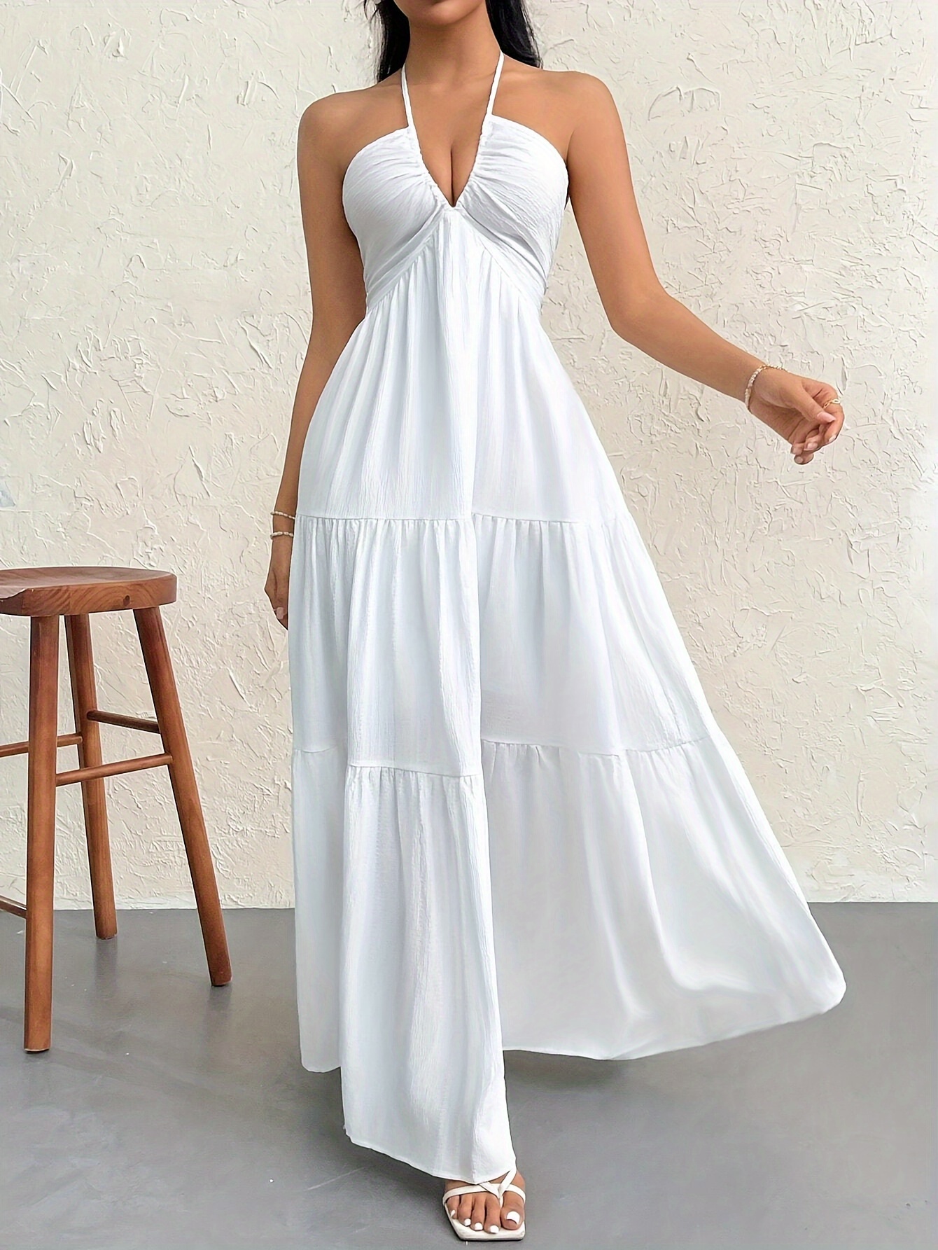 Ruffle Hem Halter Neck A-line Dress, Elegant Solid Color Tie Back Cut Out Maxi Halter Dress, Women's Clothing