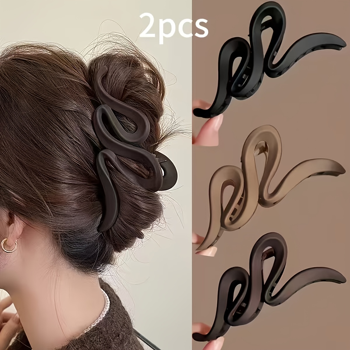 E-shop 2er Set Braune, Beige Schwarze Große Matte -Haarspangen für Damen - Vintage Y2K-Stil, Uni-Farben Kieferklammern - Einfaches Styling