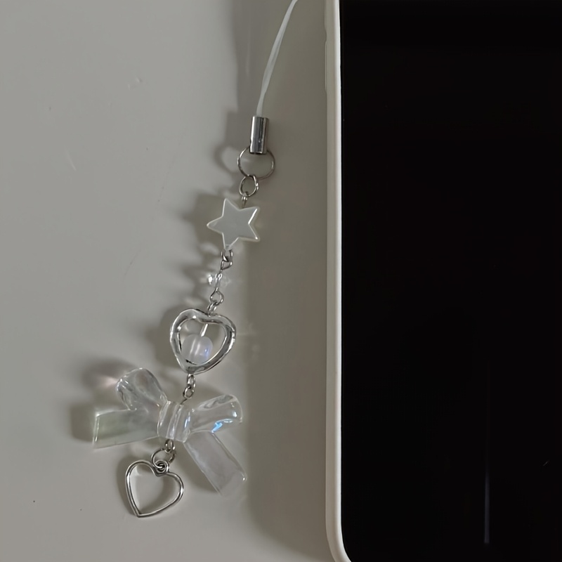 TEMU 1pc Handmade Heart-shaped Phone Charm With Bow And Star Pendant, Suitable For Phone And Bag Additions