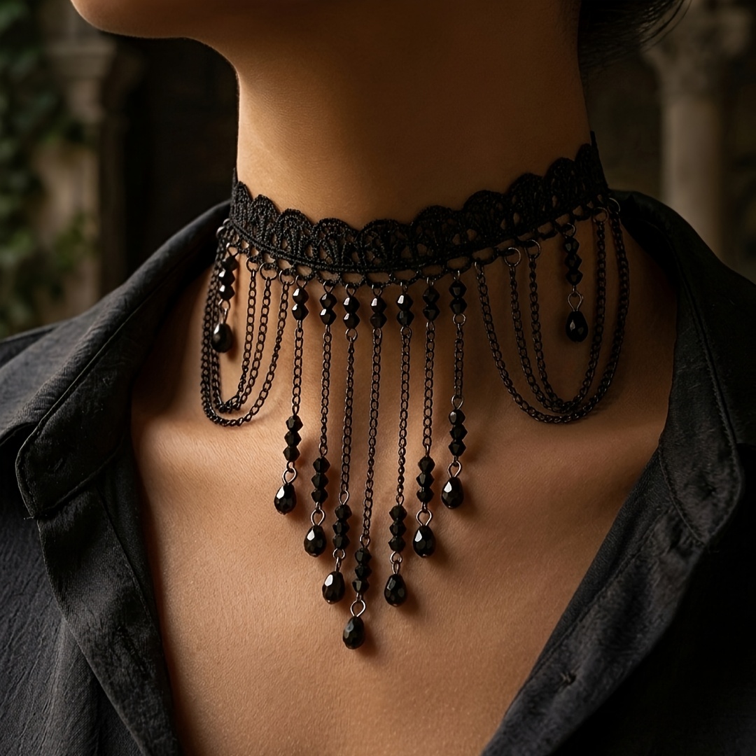 TEMU 1pc Collier Choker Tendance Femme, Col Rétro Gothique en Dentelle Noire à Volants, Pendentif Noir, Chaîne Longue Courte à Franges Multi-Couches,