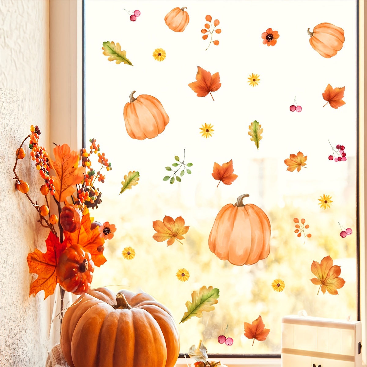 

Contemporary Autumn Leaves And Pumpkins Window Clings, Static Cling Vinyl Pvc Film, Reusable Fall Decorations, Double-sided , Decorative Glass Window Film, 5 Mil Thickness - Set Of 1 Sheet (15x60cm)