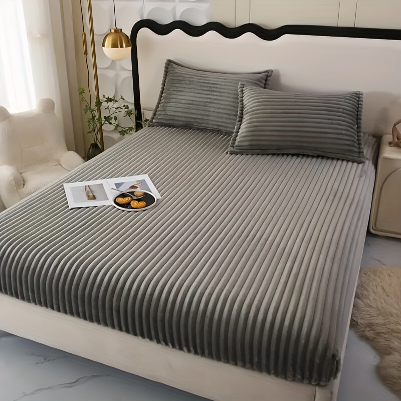 TEMU Autumn Winter Flannel Fitted Sheet, Thermal Brushed Fabric, Deep-pocket In Multiple Sizes & Colors, Non-pill Warm Breathable Bedding For Bedroom