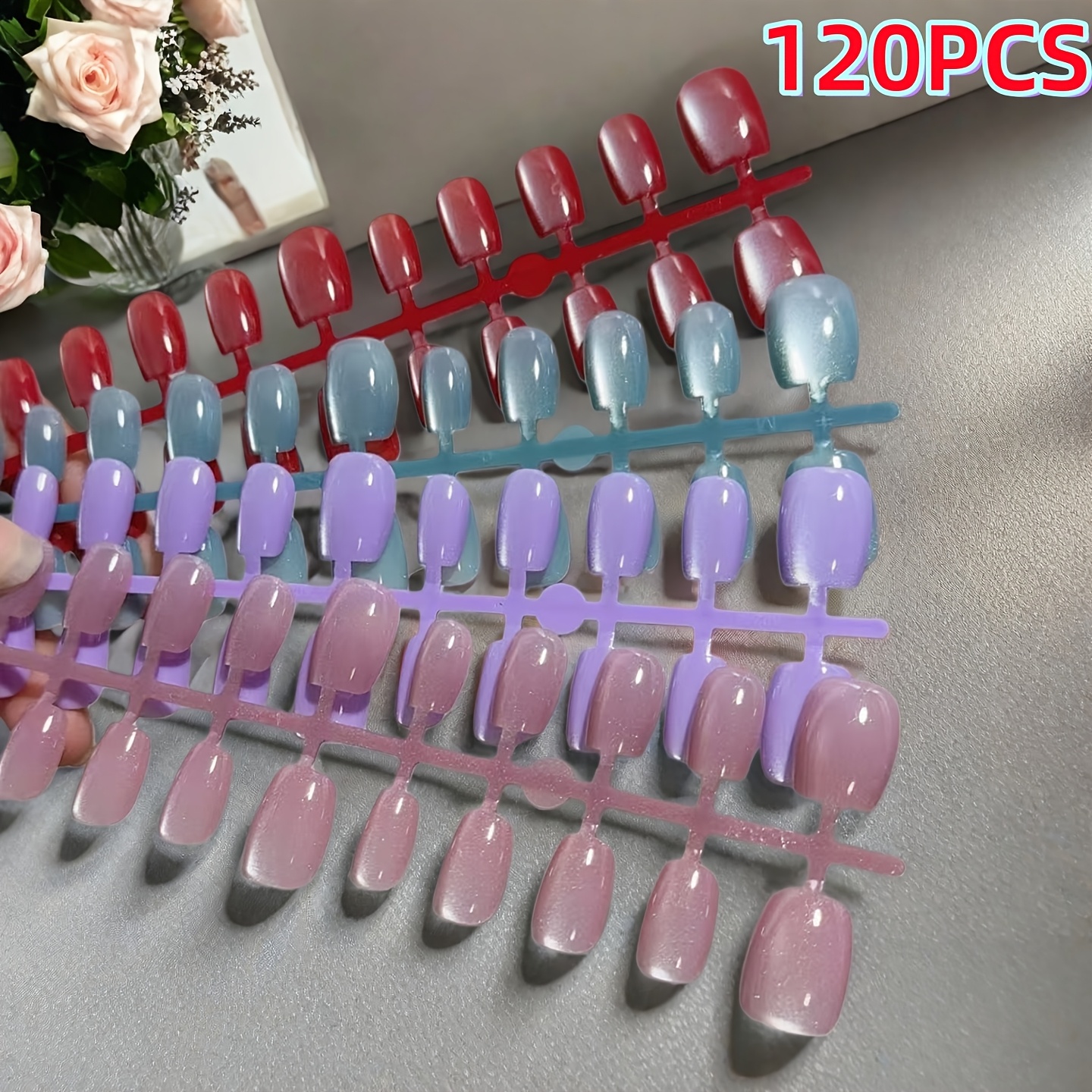 TEMU 120pcs Four-color Shimmering Cat Eye Press-on Nails - Solid Eye Fake Nails - Available In 3 Sizes: Xs/s/m - Acrylic Cat Eye Fake Nails, A Four-