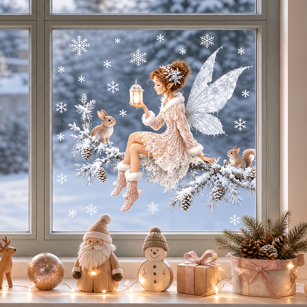 TEMU 1pc Christmas Winter Fairy Tale Style Elf Glass Sticker, Cute Rabbit, Squirrel, And Snowflake Elements, Static Cling For Repeated Use, Bedroom