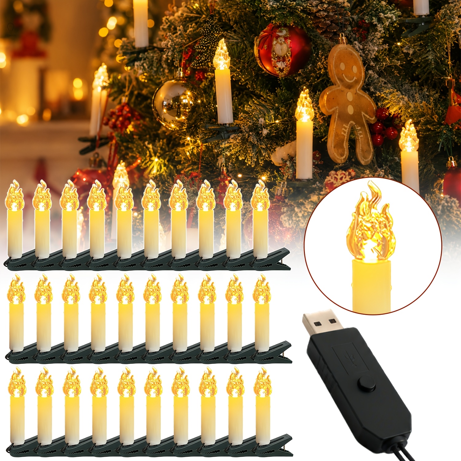 Image of 1 Pack 30pcs Led Flameless Candles, Usb Powered Mini Realistic Candles With Fixed Clips Multiple Holiday Decor For Christmas, Wedding, Table, Bedroom, Balcony, Party & Halloween