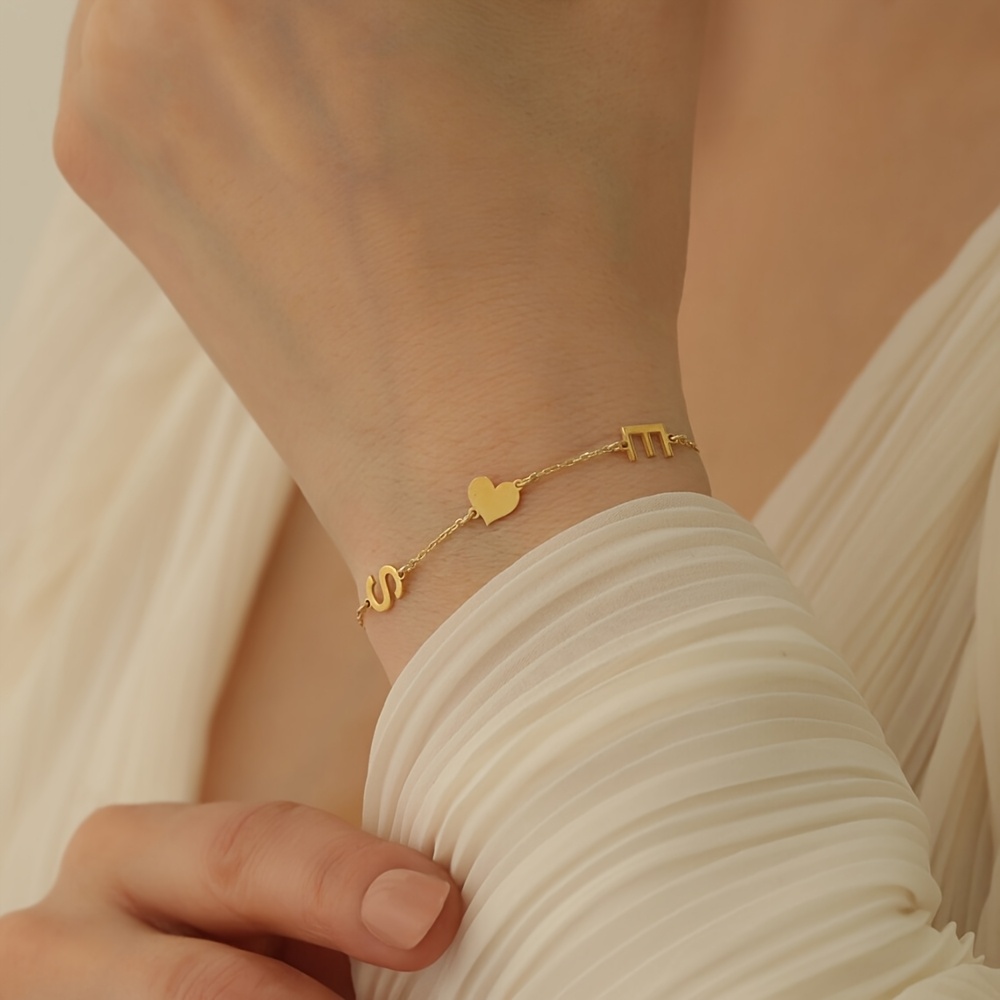 TEMU Custom Couple Initial Letter Bracelets - Personalized Heart-shaped Stainless Steel Minimalist Elegant Jewelry For Women, Valentine's Day Wedding