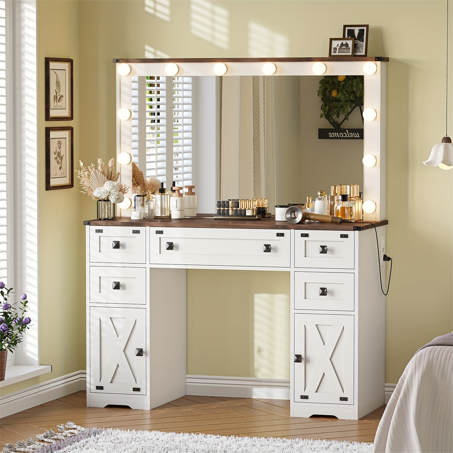 

Farmhouse Makeup Dressing Desk With Lighted Mirror, Vanity Table With Drawers & Cabinets For Bedroom, Walnut White