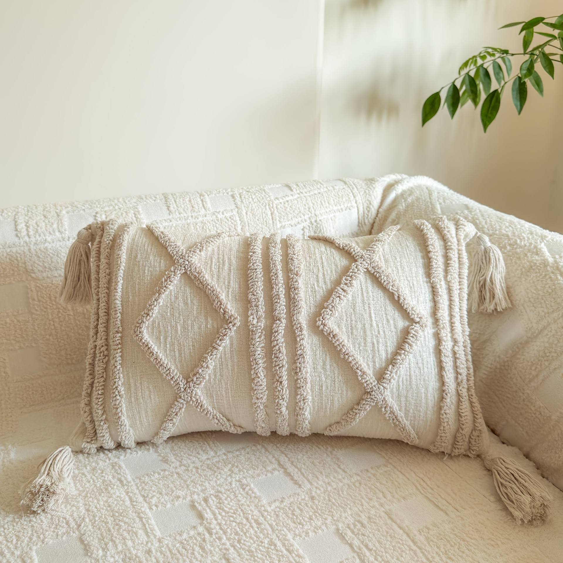 TEMU 1pc Beige Chenille Embroidered Tassel Pillow Cover, Modern Minimalist Luxury Bohemian Vintage Style For Sofa Bedroom Decor, Holiday Gift Party