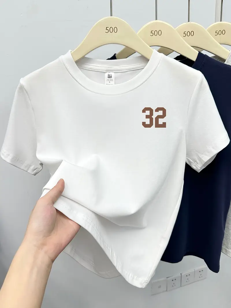 womens fit short sleeve t shirt navy blue casual round neck top with brown 32 letter print breathable summer tee for petite women machine washable layering essential versatile clothing trendy design smooth texture Product details 3