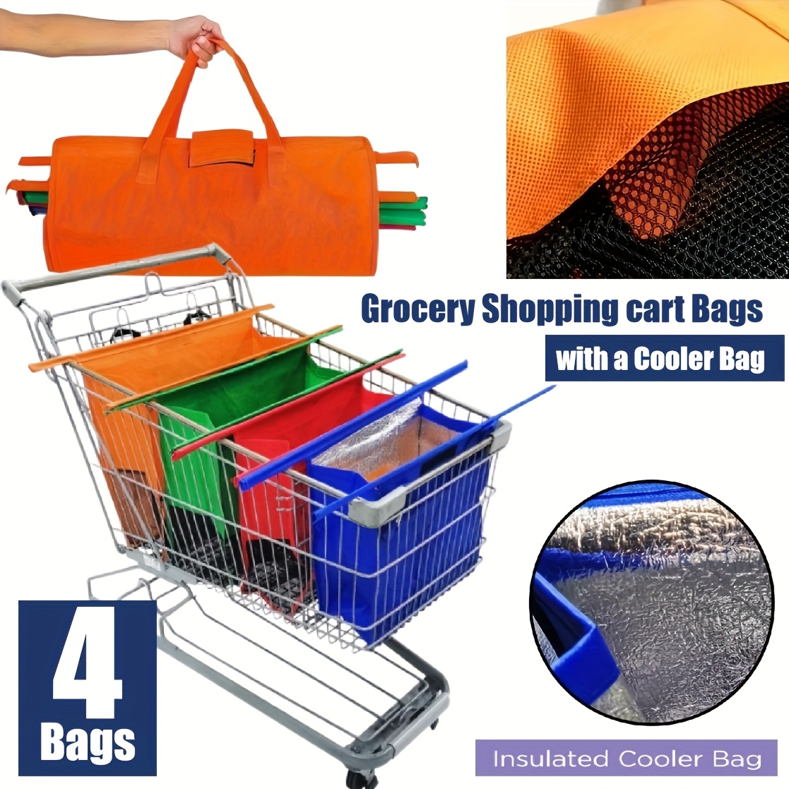 TEMU 4pcs- Grocery Cart Organizer Bag, Reusable Grocery Shopping Cart Bags, Trolley Bags, Shopping Cart Bags With Cooler Insulated Bag & Egg/wine