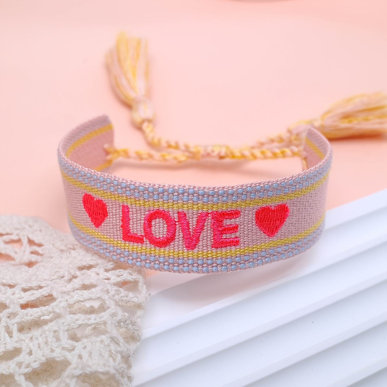 Handcrafted Vintage Tassel Bracelet with Embroidered Hearts