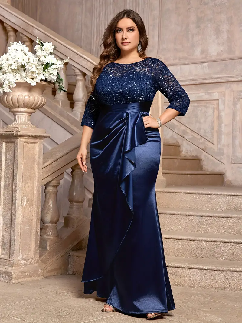 plus size stretchy formal dresses Long Pleated Plus-Size Formal Dress with Long Sleeves Rose Gold / 18