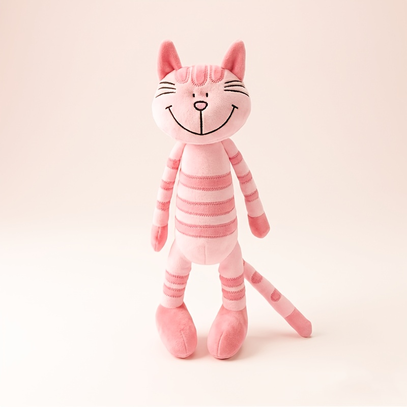 Image of Adorable Pink Striped Cat Plush Toy Cute Smiling Kitten Stuffed Animal Doll Home Decor Room Decor Sofa Decor Kawaii Cartoon Cat Comforting Companion Toy Birthday Present Mother's Day Gift