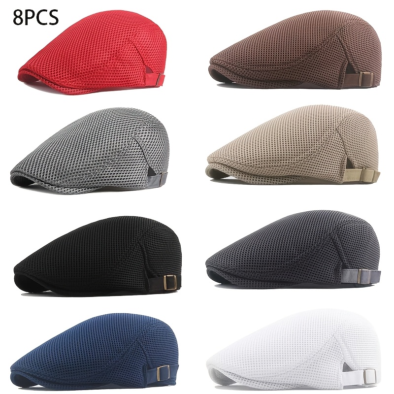TEMU 3pcs/6pcs/8pcs Set Summer Men's British-style Breathable Flat Brim With Classic Mesh, Suitable For Travel, Vacation, And Leisure Activities.