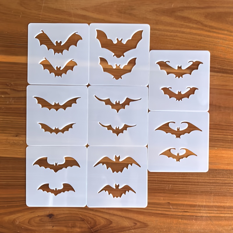 E-shop 8 Stück 9*9 cm Fledermaus Silhouette Schablonen für mehrschichtige Designs, wiederverwendbare Schablonen für Holzbretter, Wandkunst,