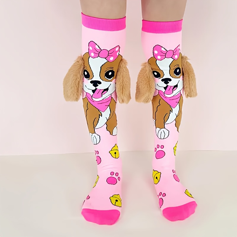 1 paar roze en lichtblauwe knie-socks met cartoon-hond en 3D-oren - Schattig dierenprint, zachte polyestermix, handwasbaar, perfect voor casual dragen en cadeaus