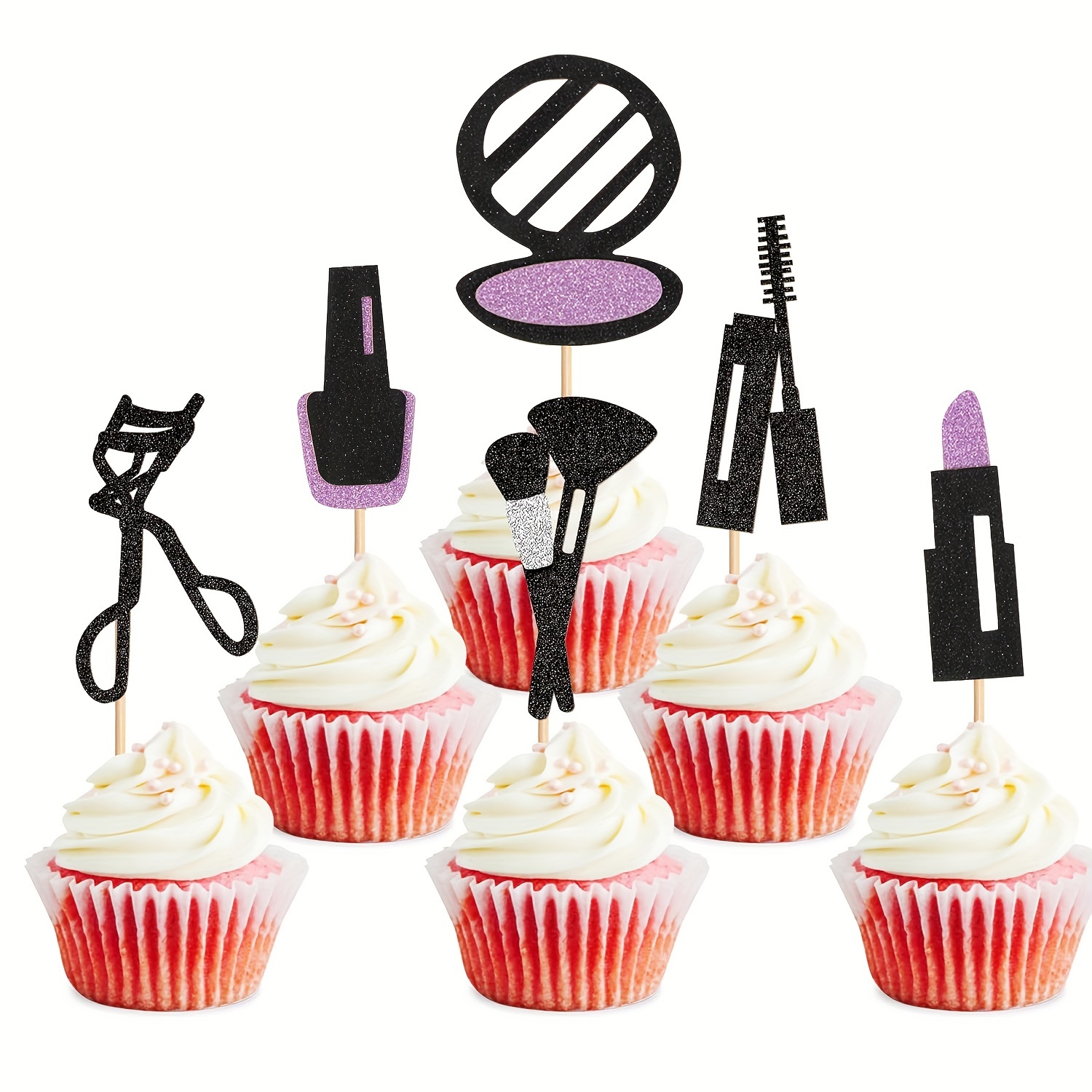 

A Set Of 12 Paper Makeup Items Including Lipsticks, Nail Polishes, And Brushes, Girls' Baking Decorations.