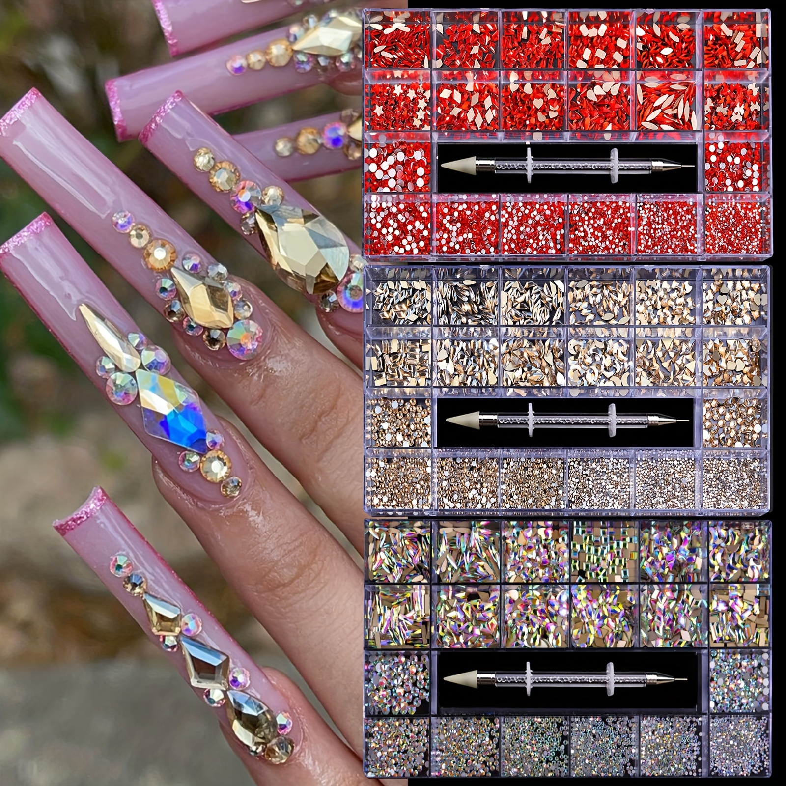 

Luxurious 21-grid Nail Art Kit With Pickup Pen - Mixed Red & Champagne Glass Crystals, Flat Rhinestones For Stunning Manicures Nail Accessories Nail Charms And Accessories