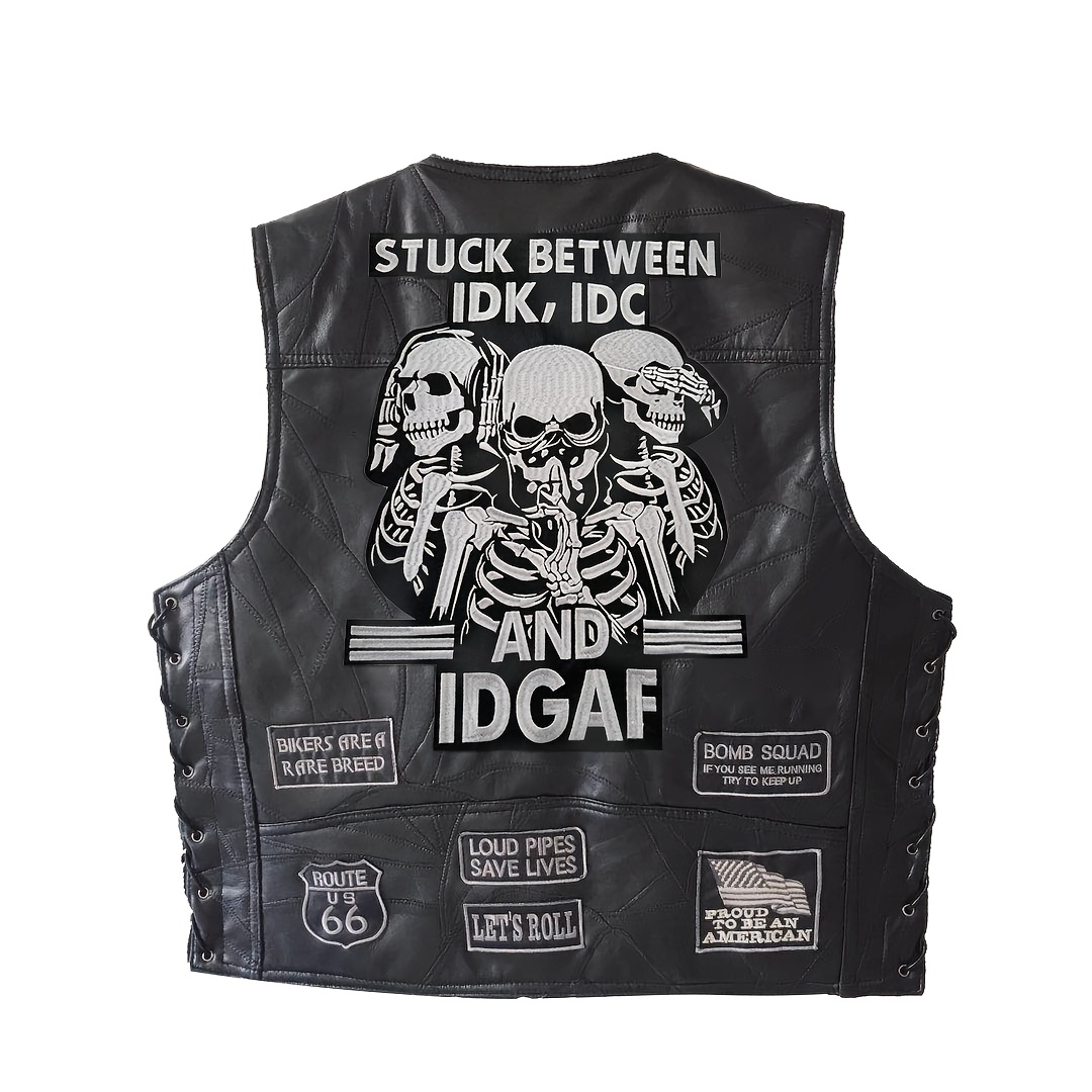 【MORE THAN BLACK】25SS★ LOGO BIKER SLEEVELESS Motorcycle Vintage Skull Patches Black Leather Vest – Street