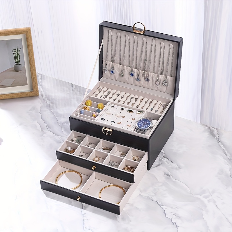 TEMU -layer Jewelry Box Made Of Velvet And Leather, Compact And Portable For Storing Earrings, Rings, Necklaces, And Other .