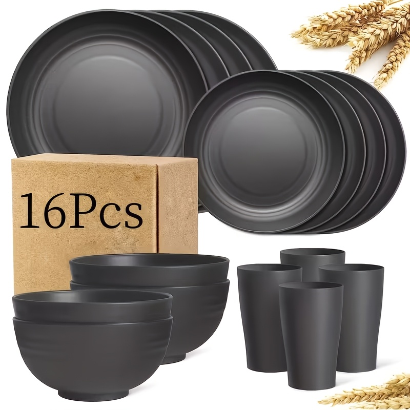 TEMU 32/16pcs Wheat Straw Dinnerware Set For 8/4 People, Easy To Clean And Storage, Lightweight Plates, Bowls & Cups, Bpa-free Stackable Reusable